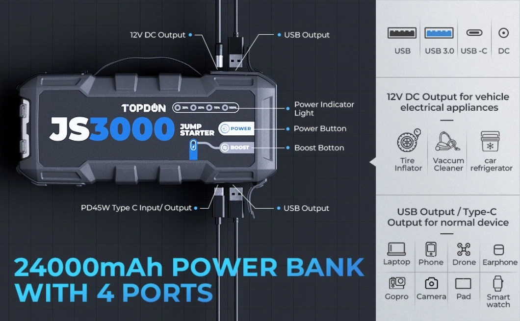 Topdon Factory Supply Js3000 3000A 24000mAh 12V Multi-Function Portable Car Automotive Battery Booster Power Bank Jump Starter
